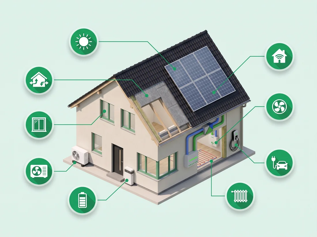 Diagram of an energy-efficient house as a whole: photovoltaics, heat pump, insulation, ventilation, battery and EV charging
